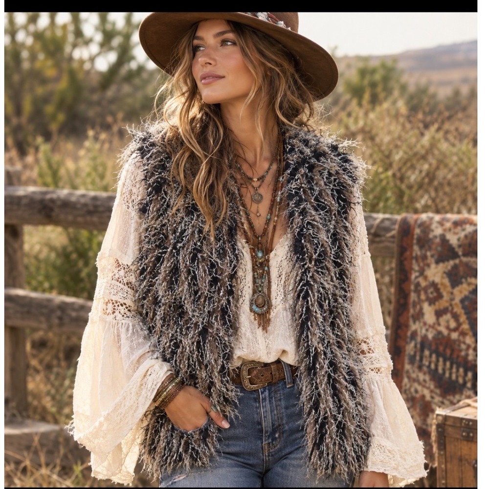 American Rag Faux Fur Vest Womens M Brown Black Shaggy Boho Sleeveless Layering